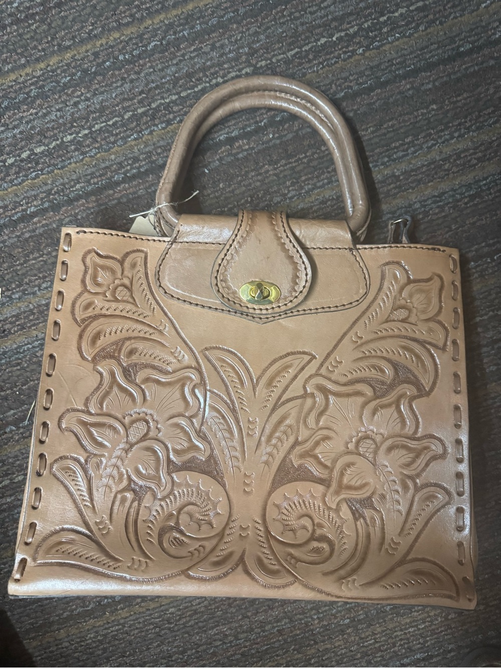Tan Tooled Leather Top-Handle Bag